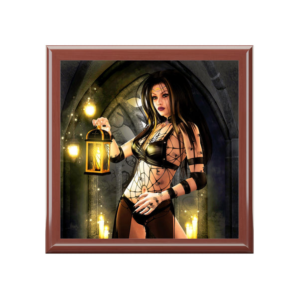 Black Spider Widow Tile Art Wooden Keepsake Jewelry Box by Artist Donna Lisa