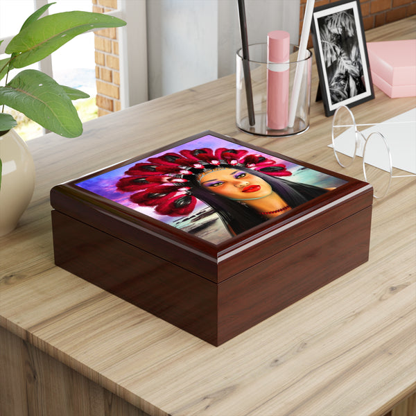 Carnival Dancer Tile Art Wooden Keepsake Jewelry Box by Artist Donna Lisa