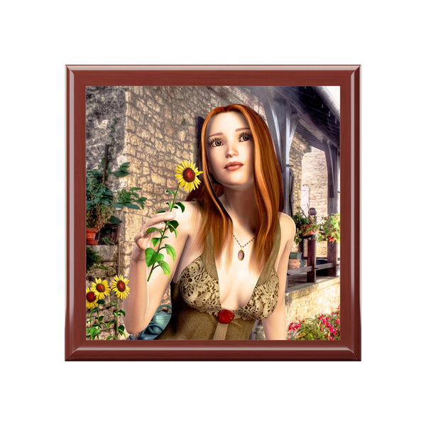 Sunflower Daydream Tile Art Wooden Keepsake Jewelry Box by Artist Donna Lisa