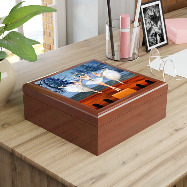 Land of Snow Ballerinas Tile Art Wooden Keepsake Jewelry Box by Artist Donna Lisa