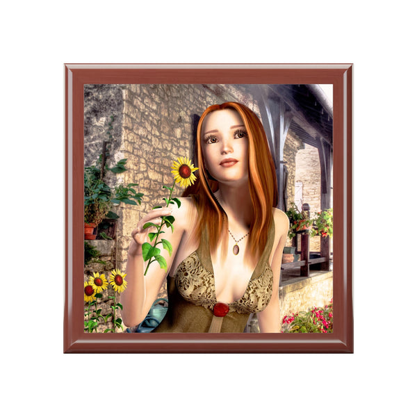 Sunflower Daydream Tile Art Wooden Keepsake Jewelry Box by Artist Donna Lisa