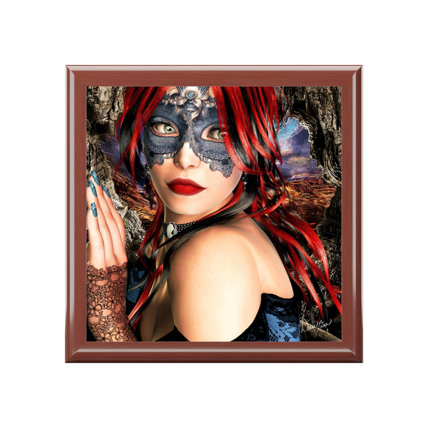 Valencia Masquerade Tile Art Wooden Keepsake Jewelry Box by Artist Donna Lisa