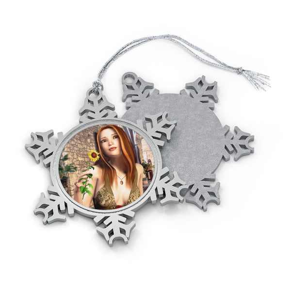 Sunflower Daydream Art Pewter Snowflake Ornament by Artist Donna Lisa
