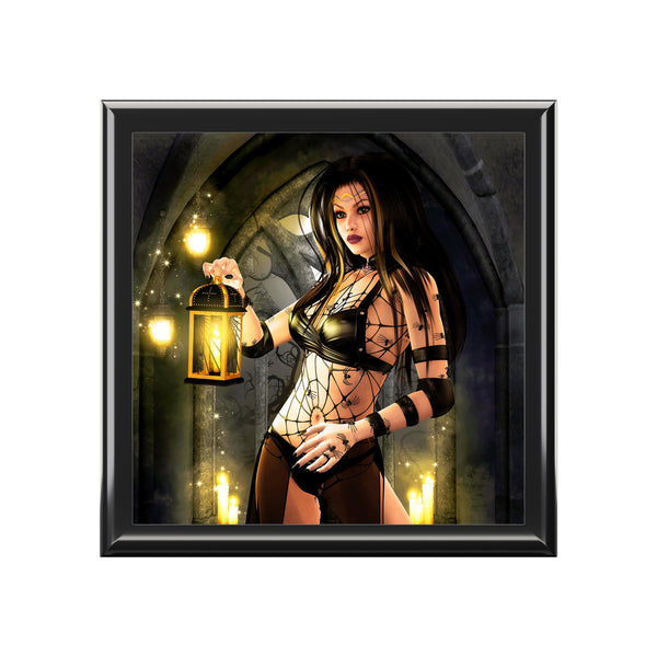 Black Spider Widow Tile Art Wooden Keepsake Jewelry Box by Artist Donna Lisa