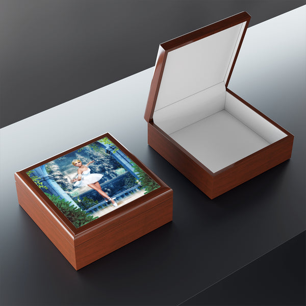 Snow Princess Ballerina Wooden Tile Art Keepsake Jewelry Box by Artist Donna Lisa