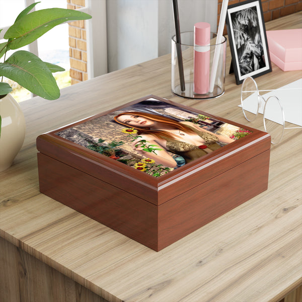 Sunflower Daydream Tile Art Wooden Keepsake Jewelry Box by Artist Donna Lisa