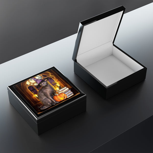 Meowgical Cat Tile Art Wooden Keepsake Jewelry Box by Artist Donna Lisa