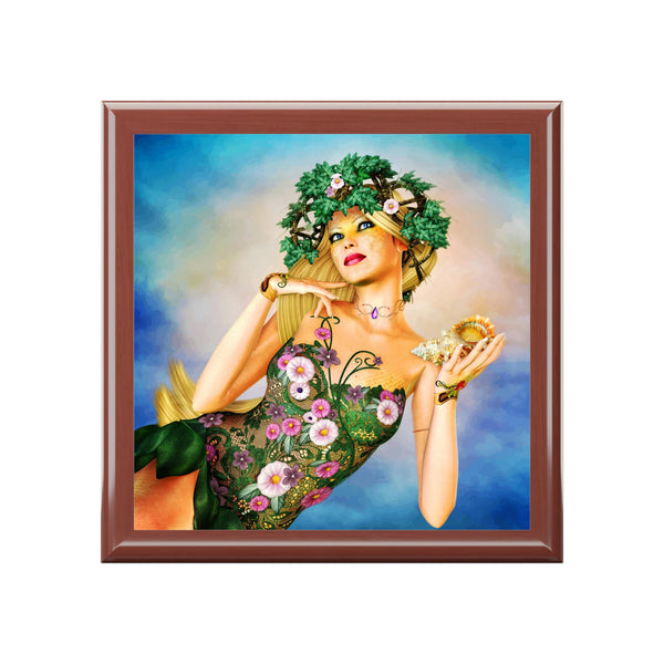 Sereia Mermaid Portrait Tile Art Wooden Keepsake Jewelry Box by Artist Donna Lisa