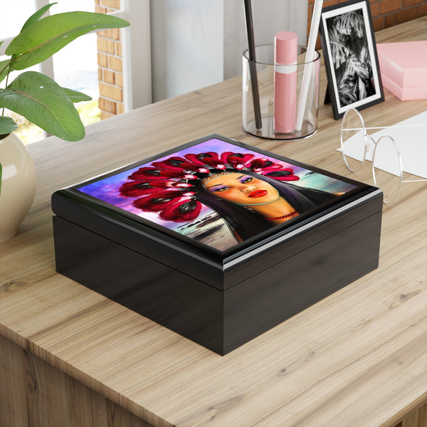 Carnival Dancer Tile Art Wooden Keepsake Jewelry Box by Artist Donna Lisa