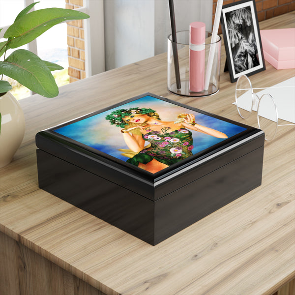 Sereia Mermaid Portrait Tile Art Wooden Keepsake Jewelry Box by Artist Donna Lisa