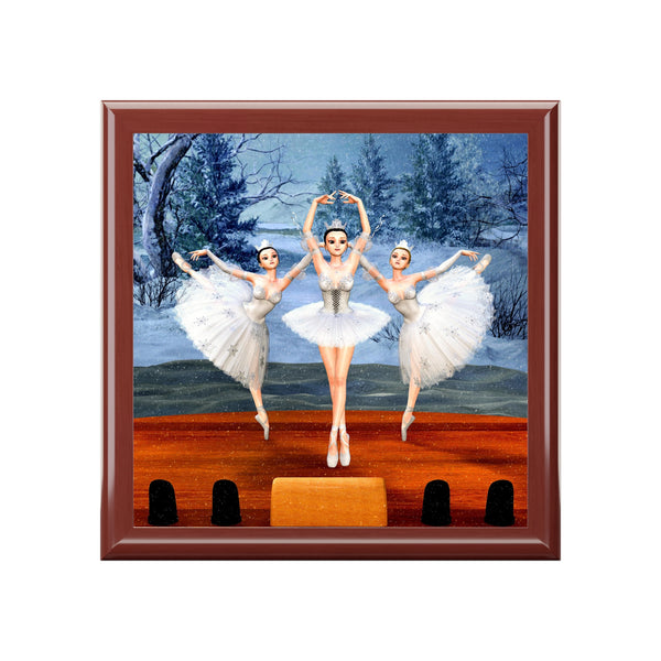 Land of Snow Ballerinas Tile Art Wooden Keepsake Jewelry Box by Artist Donna Lisa