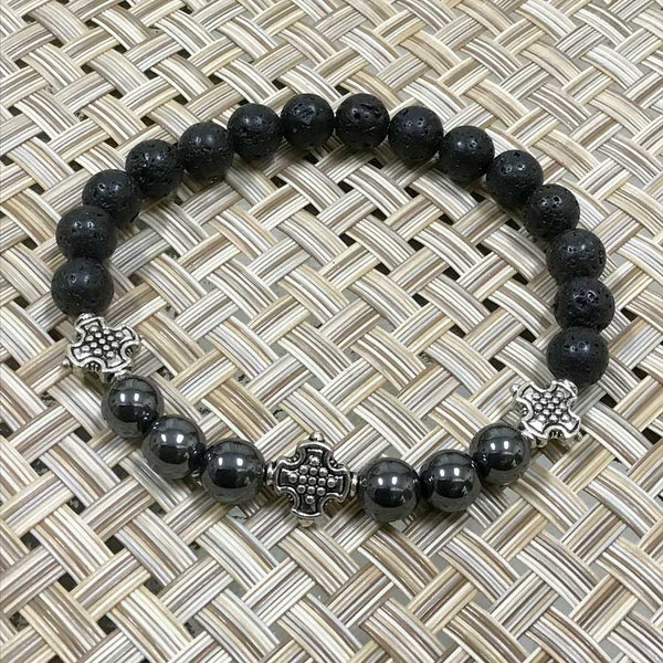 Artisan Silver Tibetan Cross, Hematite, Lava Beads Bracelet  (Sizes 7.5" or 8")