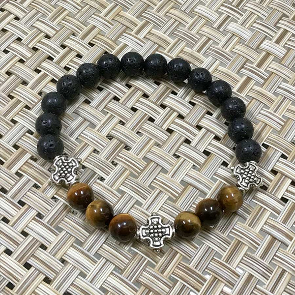 Artisan Silver Tibetan Cross, Tiger's Eye, Lava Bead Stretch Bracelet (Size 7")