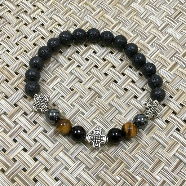 Artisan Silver Tibetan Cross, Protection Bracelet - Hematite, Tiger's Eye, Black Obsidian, Lava Beads (Size 8")