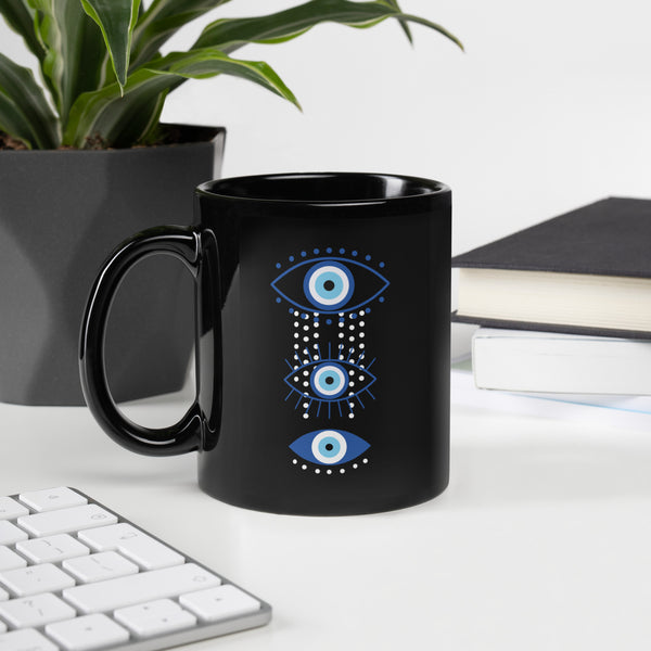 Three Evil Eye Glossy Black Ceramic Mug
