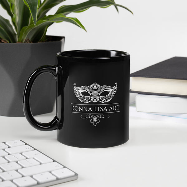 White Venetian Mask Fleur De Lis Black Glossy Mug - Donna Lisa Art - (11 OZ /15 OZ)