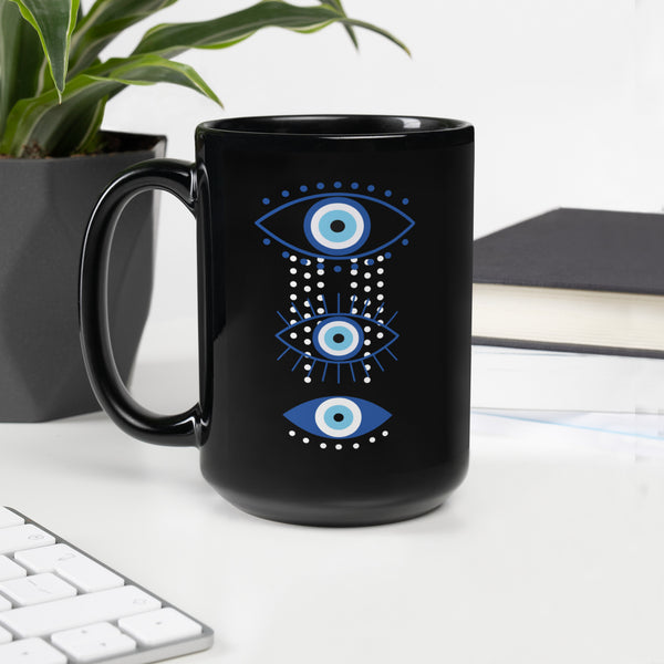 Three Evil Eye Glossy Black Ceramic Mug