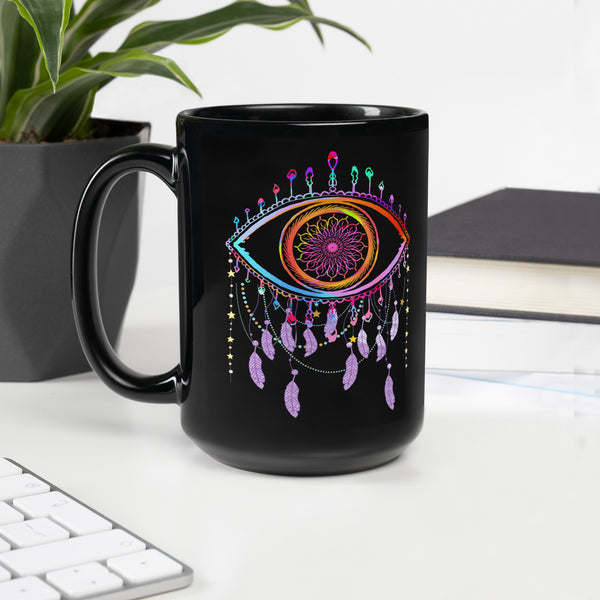 Colorful Evil Eye Dreamcatcher Black Ceramic Glossy Mug
