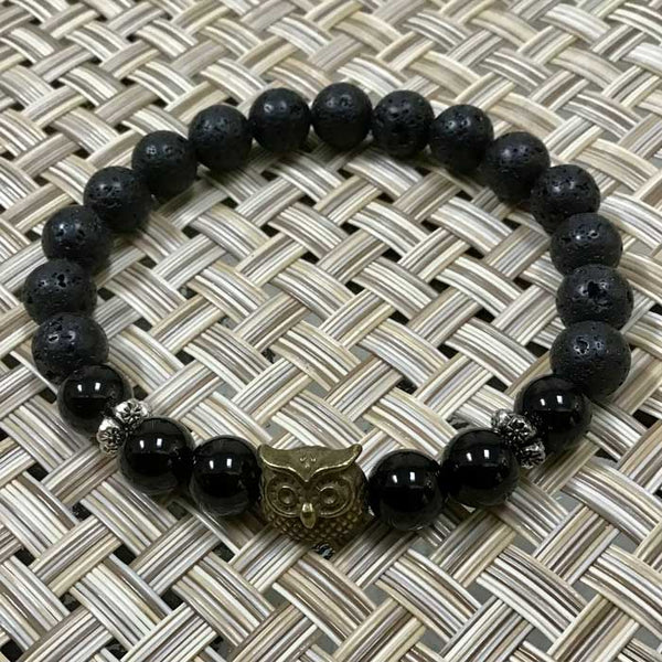 Bronze Owl Spirit Animal, Onyx, and Black Lava Beads Artisan Bracelet (Size 7)