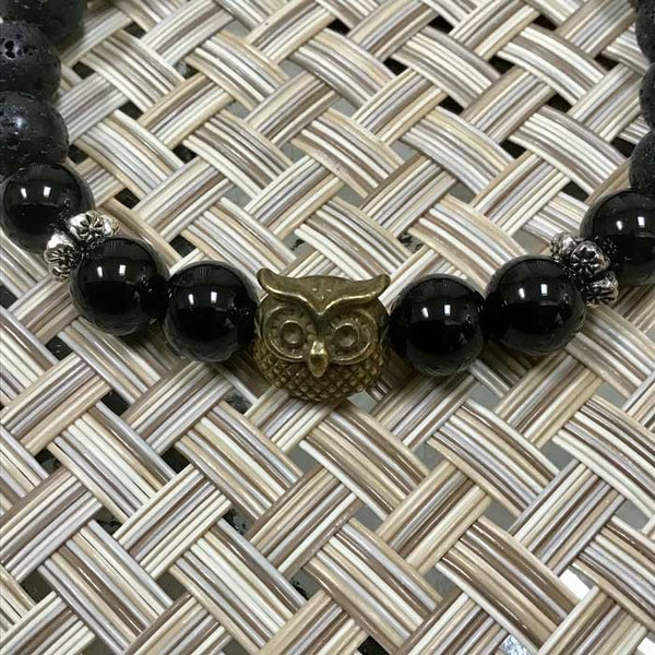 Bronze Owl Spirit Animal, Onyx, and Black Lava Beads Artisan Bracelet (Size 7)