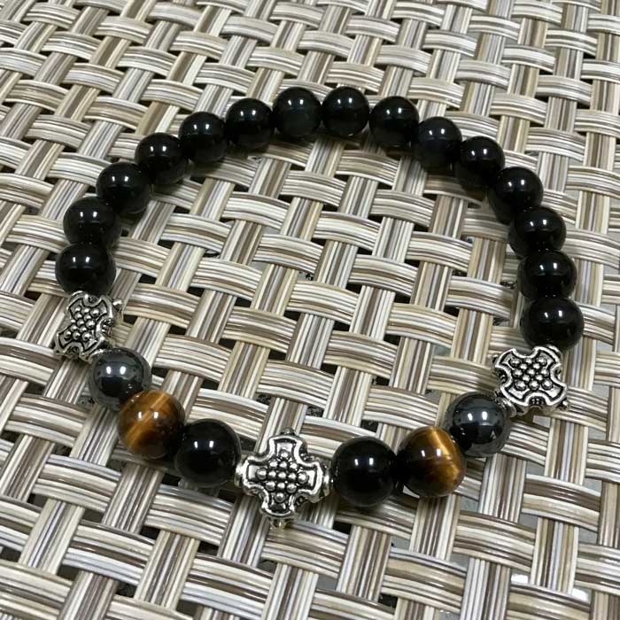 Natural Stone Cross Bead Bracelet, Obsidian - Positivity
