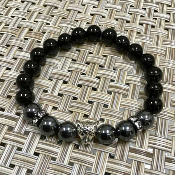 Silver Cheetah Cat Spirit Animal - Onyx and Hematite Flex Protection Bracelet - Size 7"