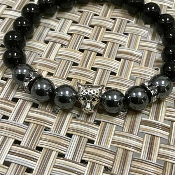 Silver Cheetah Cat Spirit Animal - Onyx and Hematite Flex Protection Bracelet - Size 7"