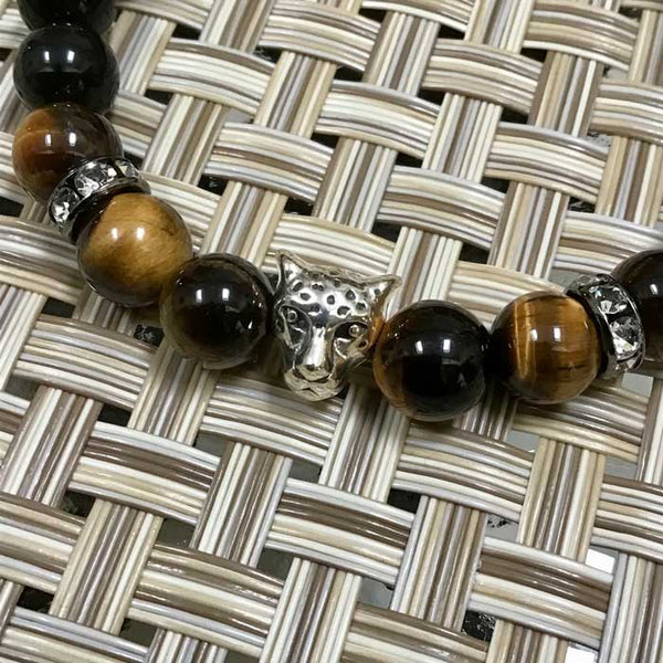 Silver Cheetah Cat Spirit Animal - Tiger's Eye and Black Obsidian Flex Protection Bracelet - Size 7.5"