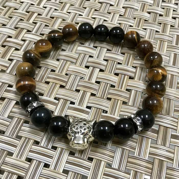 Silver Leopard Cat Spirit Animal - Flexible Protection Bracelet -Tiger's Eye, Black Obsidian - (Size 7)