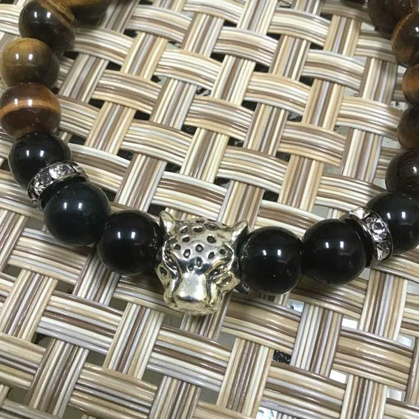 Silver Leopard Cat Spirit Animal - Flexible Protection Bracelet -Tiger's Eye, Black Obsidian - (Size 7)