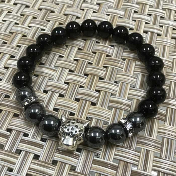 Silver Leopard Cat Spirit Animal Artisan Flex Bracelet - Onyx and Hematite - Size 7"