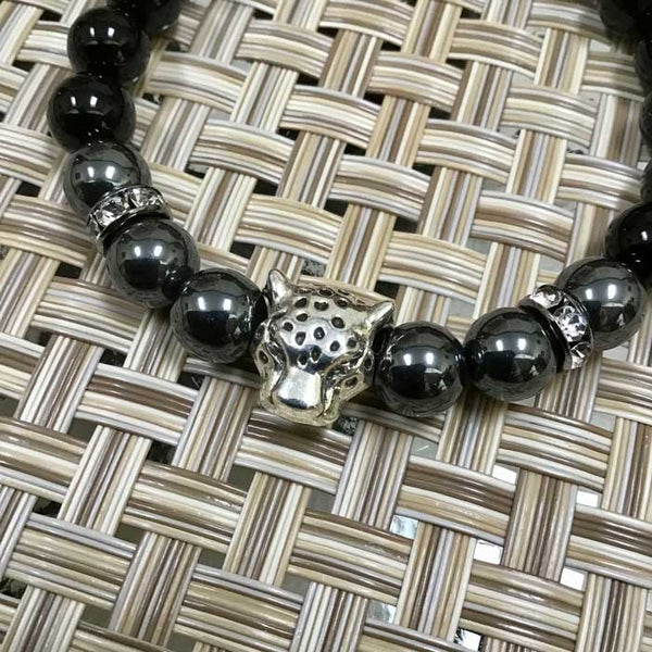 Silver Leopard Cat Spirit Animal Artisan Flex Bracelet - Onyx and Hematite - Size 7"