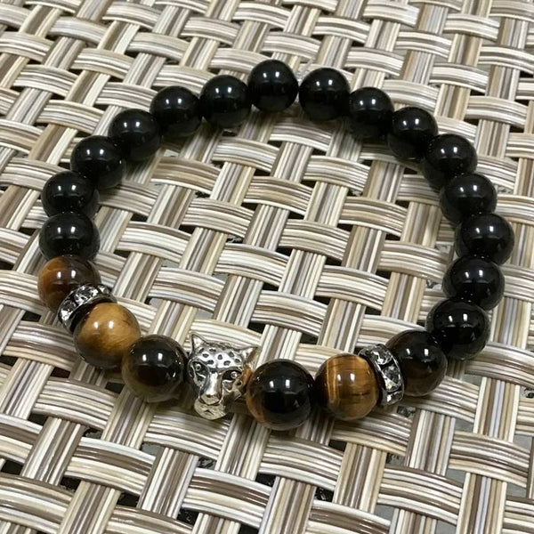Silver Cheetah Cat Spirit Animal - Tiger's Eye and Black Obsidian Flex Protection Bracelet - Size 7.5"