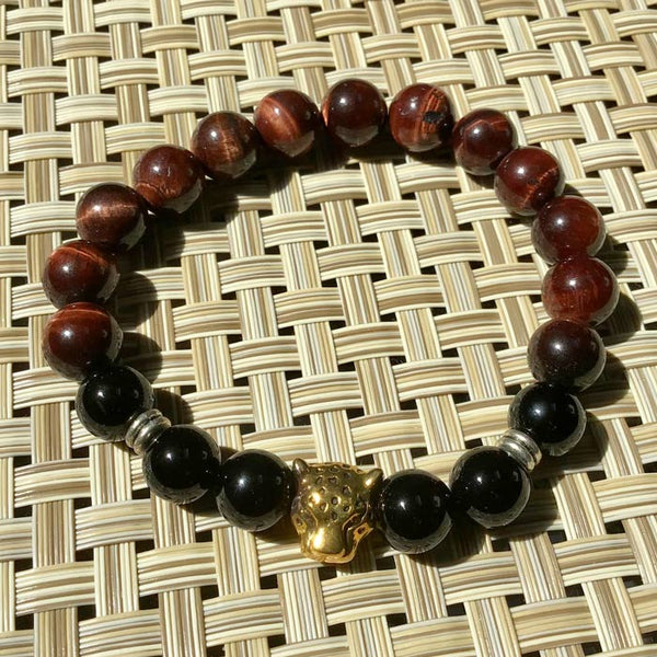 Gold Leopard Cat Spirit Animal - Red Tiger's Eye, Black Onyx, Flex Protection Bracelet - Size 8"