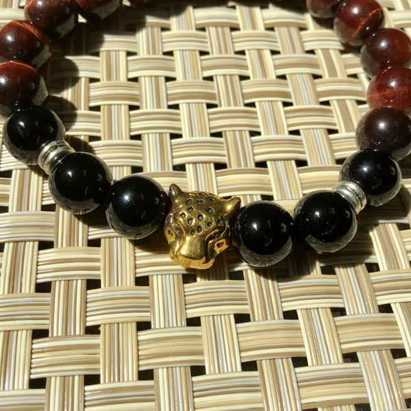 Gold Leopard Cat Spirit Animal - Red Tiger's Eye, Black Onyx, Flex Protection Bracelet - Size 8"