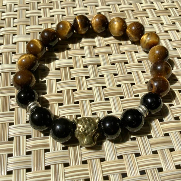 Bronze Leopard Cat Spirit Animal - Tiger's Eye, Onyx, Flex Protection Bracelet - Size 8"
