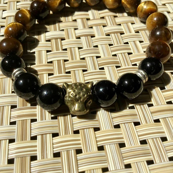 Bronze Leopard Cat Spirit Animal - Tiger's Eye, Onyx, Flex Protection Bracelet - Size 8"