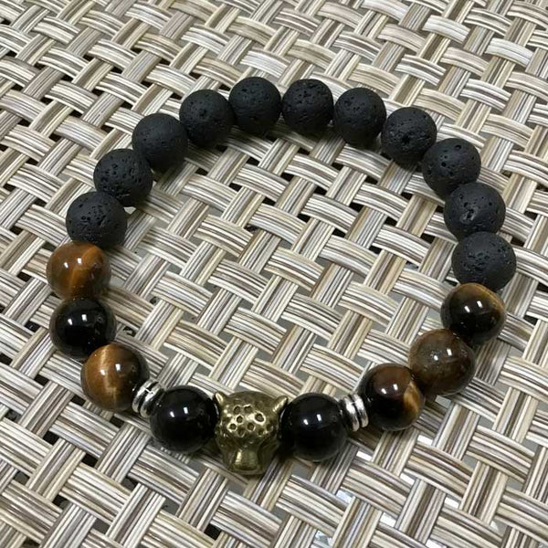 Bronze Leopard Cat Spirit Animal Protection Bracelet- Tiger's Eye, Black Obsidian, Lava Beads - (Size 8")
