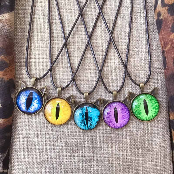 Cat's Eye - Protection Amulet Black Cord Brass Cat Necklace