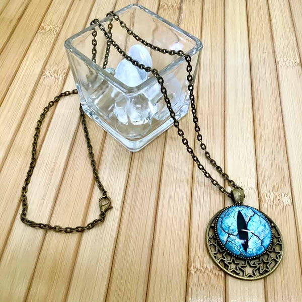 Dragon's Eye - Aqua Blue - Magical Stars - Antique Bronze Talisman Amulet