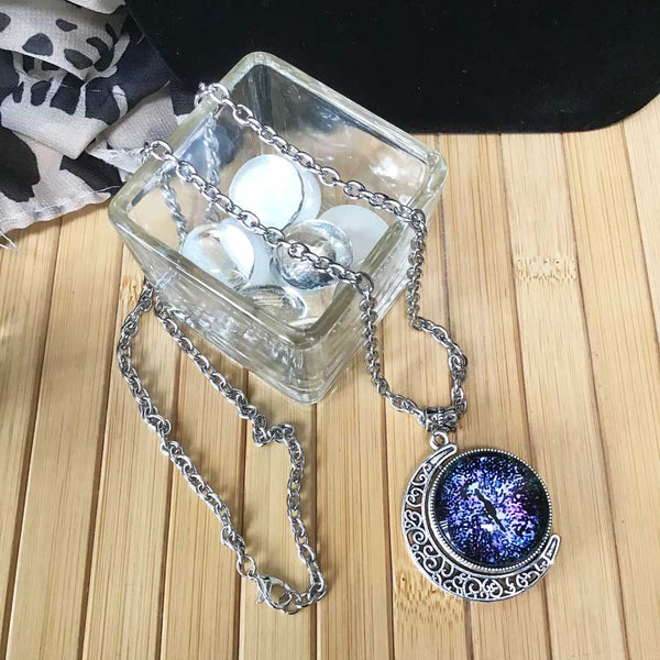 Rotating Crescent Moon - Dragon's Eye - Handmade Silver Talisman Amulet Necklace