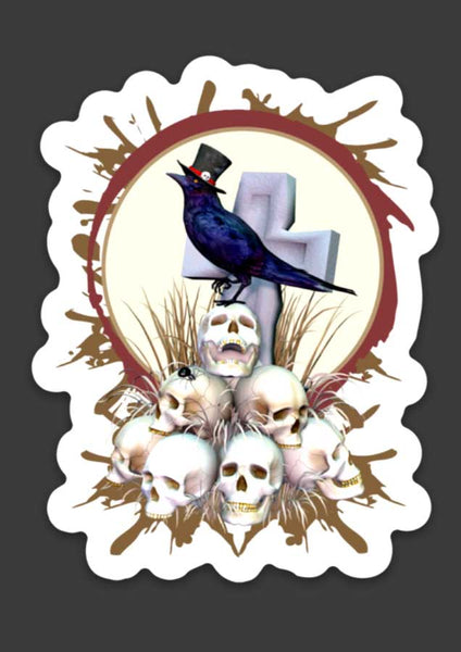 Sir Raven Skully - Raven on a Pile of Skulls Art - 2.32" x 3" Die Cut Sticker