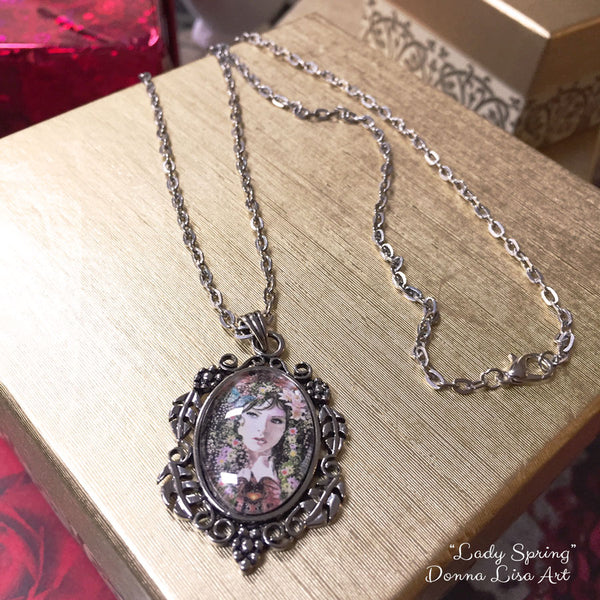 Lady Spring Goddess Art Silver Pendant Necklace - Donna Lisa Art