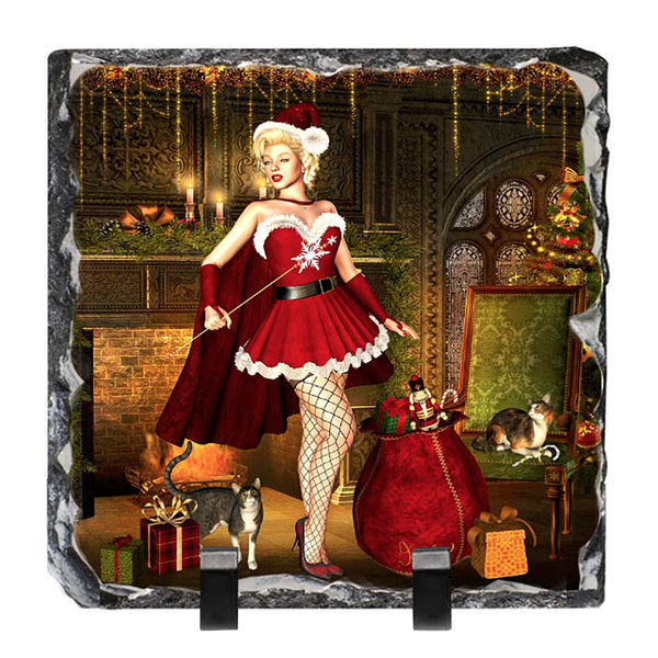 Santa Baby - Classic Hollywood Pinup Santa Artwork - Standing Slate Collectible Keepsake Art by Artist Donna Lisa