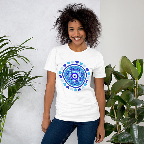 Blue Evil Eye and Hearts Graphic T-shirt - Unisex - White