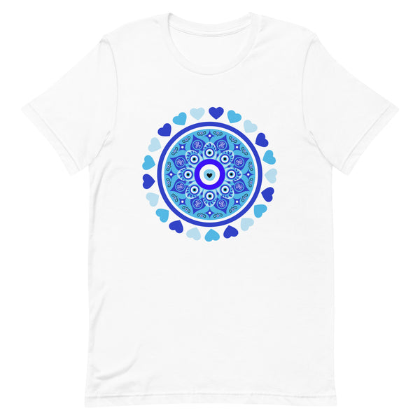Blue Evil Eye and Hearts Graphic T-shirt - Unisex - White