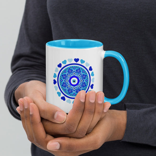 Blue Evil Eye and Hearts Ceramic Mug - Blue Handle and Inside