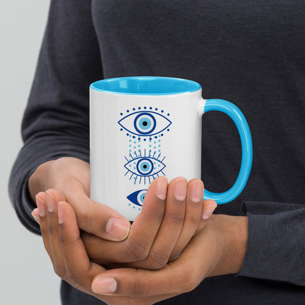 Triple Evil Eye Blue and White Ceramic Mug - Blue Color on Handle and Inside