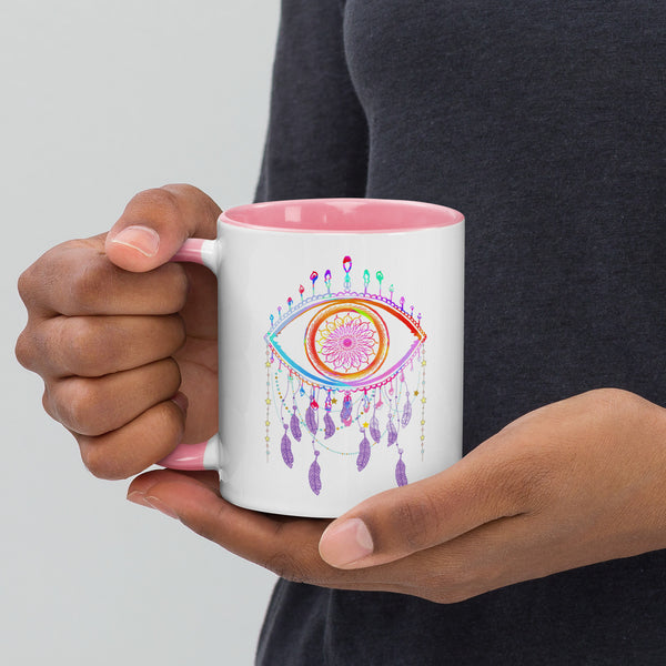 Colorful Evil Eye Dreamcatcher Talisman Ceramic Mug with Color on Handle and Inside