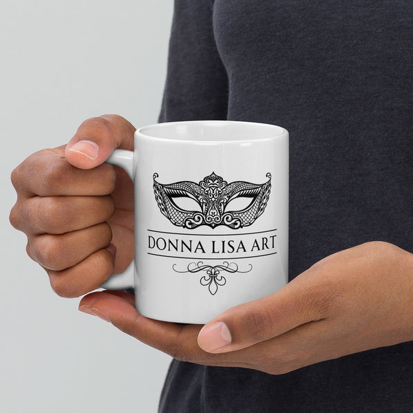 Black Venetian Mask Fleur De Lis Black Glossy Mug - Donna Lisa Art - (11 OZ / 15 OZ)